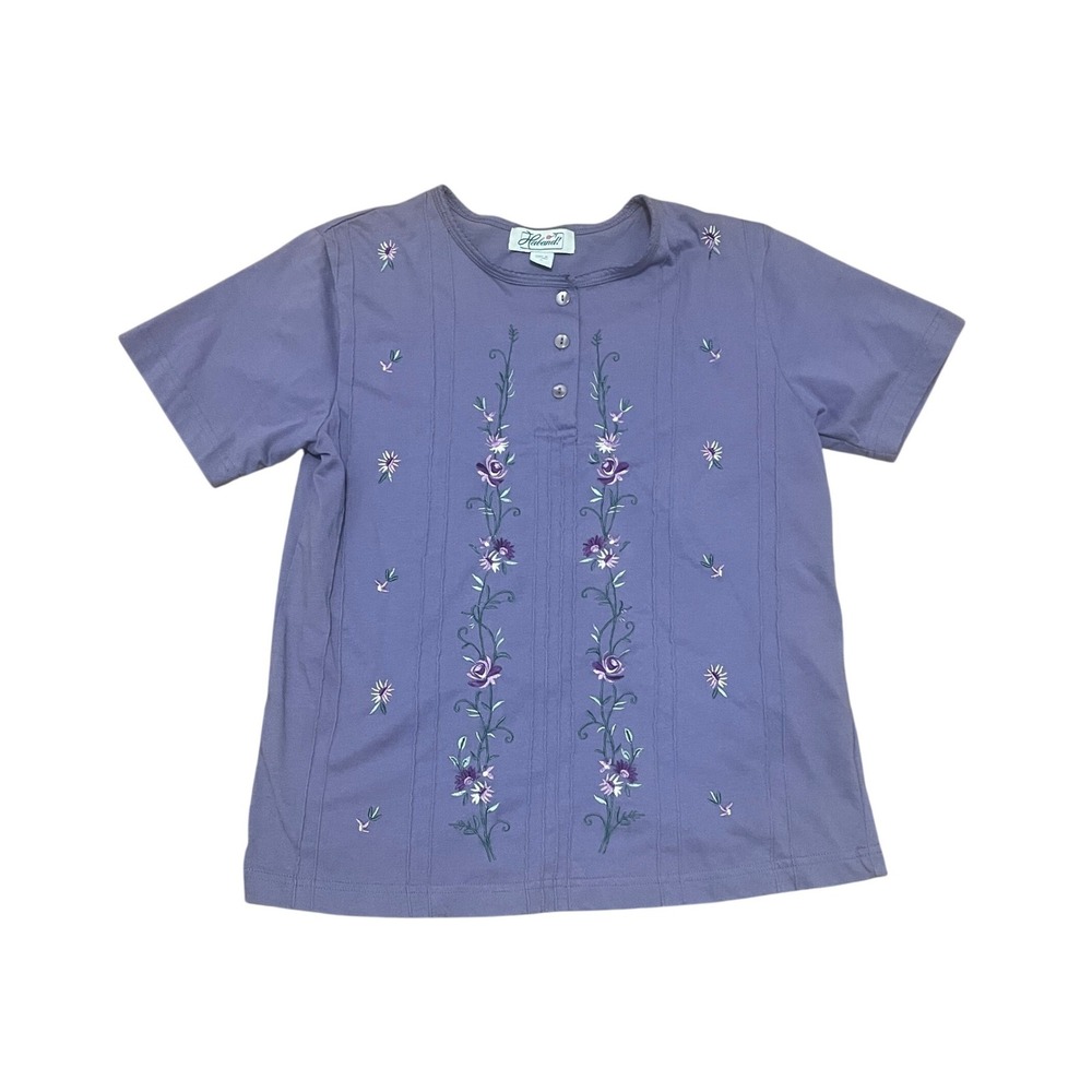 VTG Women's S Purple Floral Cottage Embroidered Henley Short Sleeve Pintuck Top